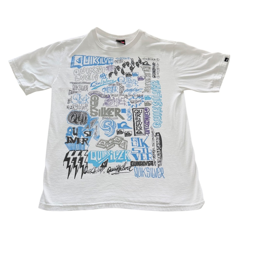 Quiksilver Graphic T-Shirt Mens S/M White Graffiti Logo Collage Short Sleeve